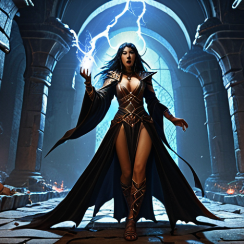 Home 6 Sorceress Countess Run**
*Prompt:* A powerful Sorceress teleports through the dark, stone corridors of the Forgotten Tower, lightning crackling from her fingertips. She faces the Countess, surrounded by fallen monsters and a pile of runes shimmering on the floor. Dark fantasy art style, Diablo II aesthetic, dynamic action pose, dramatic lighting.
**