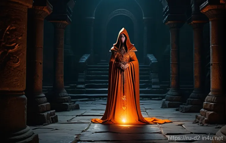 디아블로2 유니크 아이템 활용법 - **Prompt:** A female Sorceress character from Diablo 2 Resurrected stands in a dark, ancient dungeon...