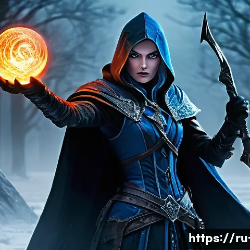 디아블로2 피의 습격 퀘스트 - **A determined female Sorceress battles Blood Raven amidst a chaotic, snowy graveyard.**
    A dynam...