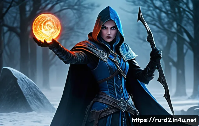 디아블로2 피의 습격 퀘스트 - **A determined female Sorceress battles Blood Raven amidst a chaotic, snowy graveyard.**
    A dynam...